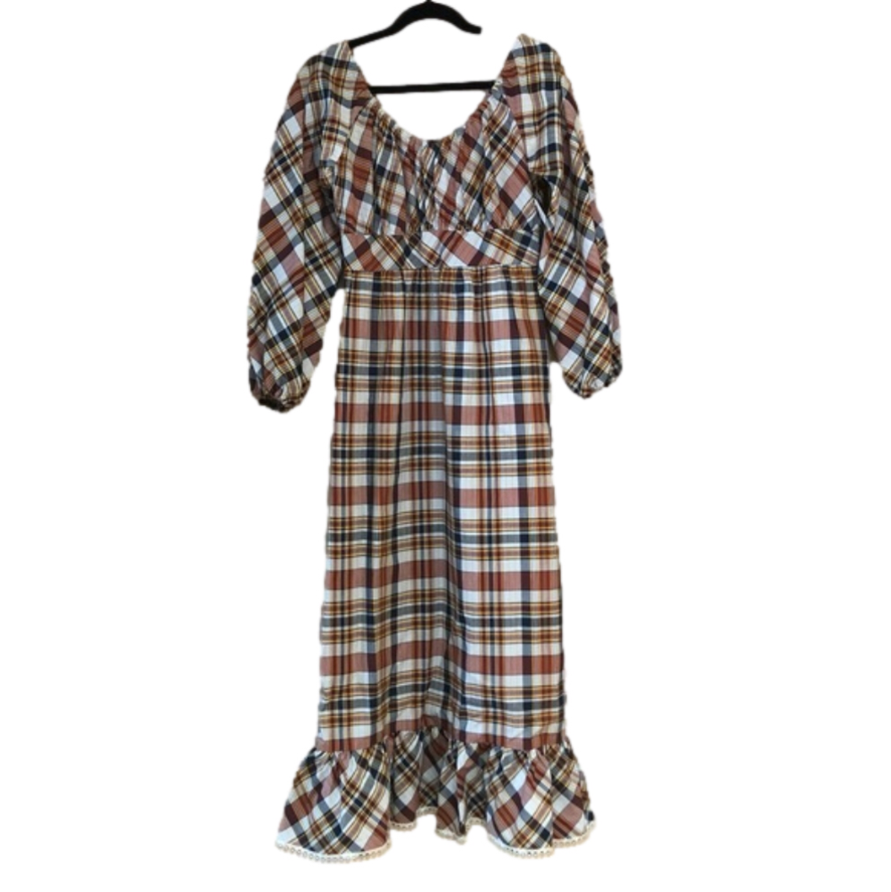 Vintage Plaid Maxi Dress - Brown and White